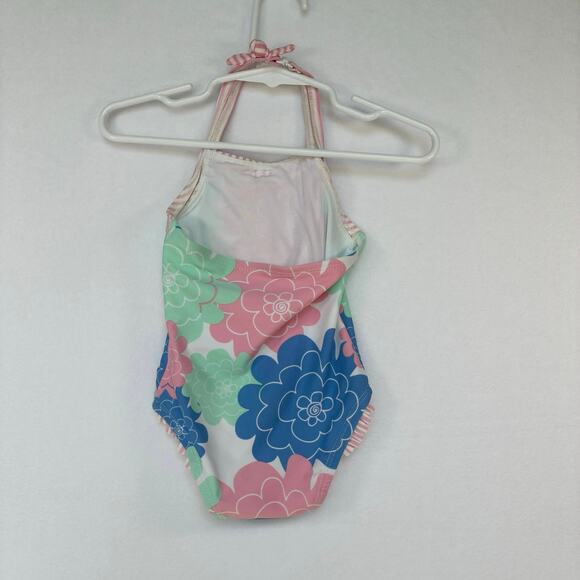 Ruffle Butts Baby Swimsuit 6-12m Floral Striped Halter Ruffle Trim Leg Openings - Picture 6 of 7